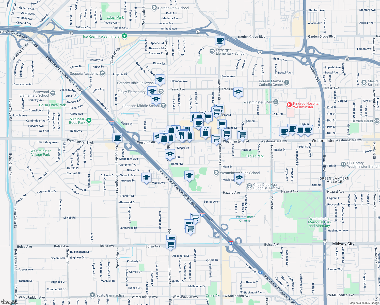 map of restaurants, bars, coffee shops, grocery stores, and more near 14101 Nancy Lee Drive in Westminster