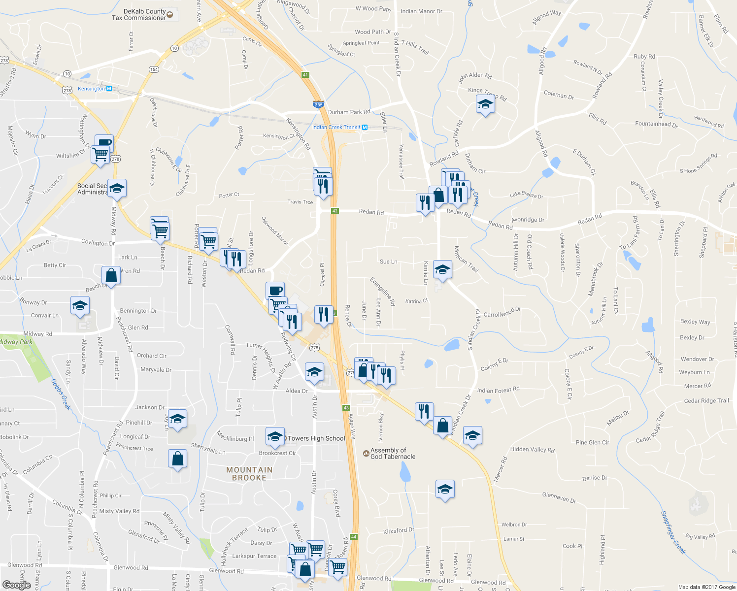 map of restaurants, bars, coffee shops, grocery stores, and more near 1240 June Drive in Decatur