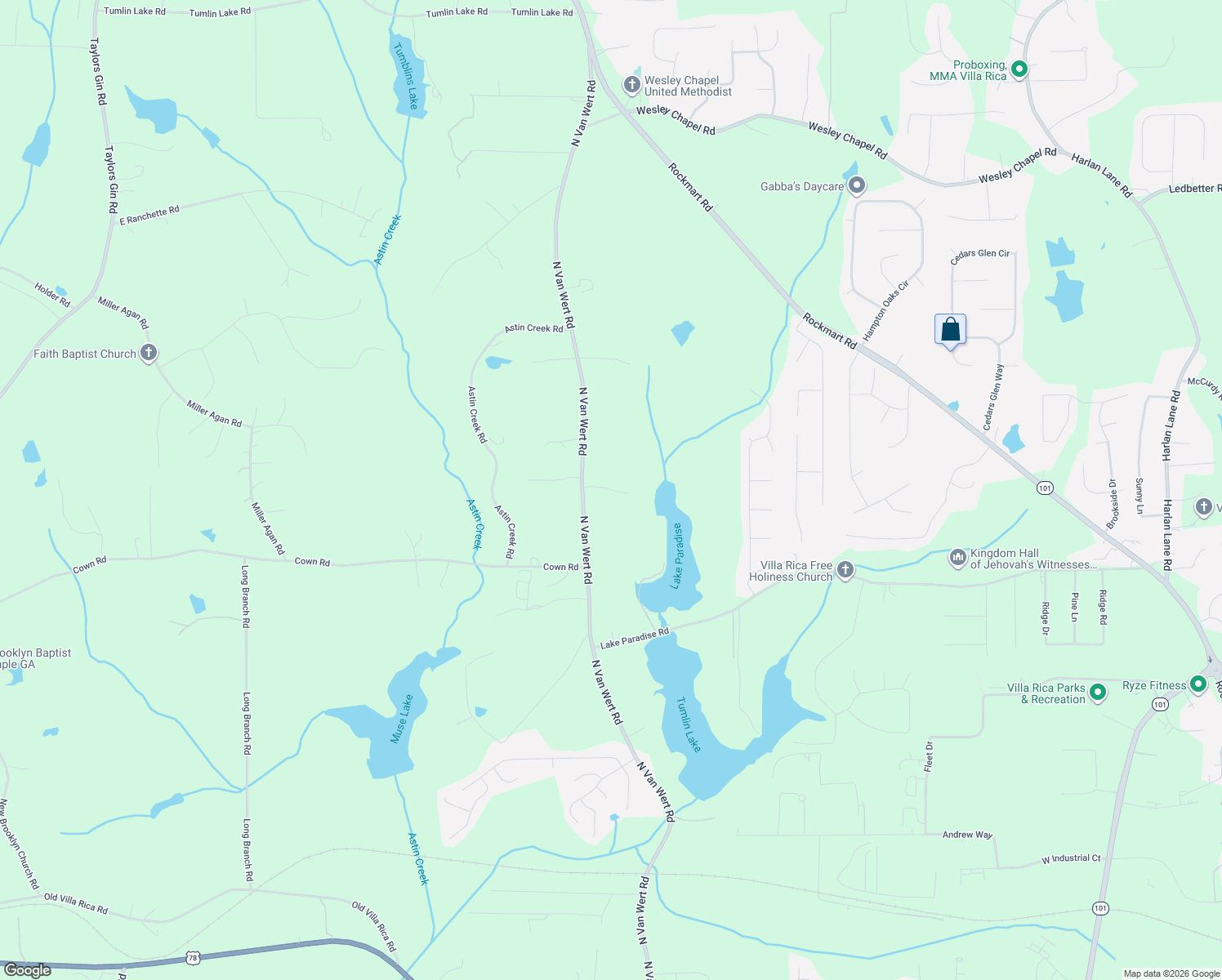 map of restaurants, bars, coffee shops, grocery stores, and more near 1073 North Van Wert Road in Villa Rica