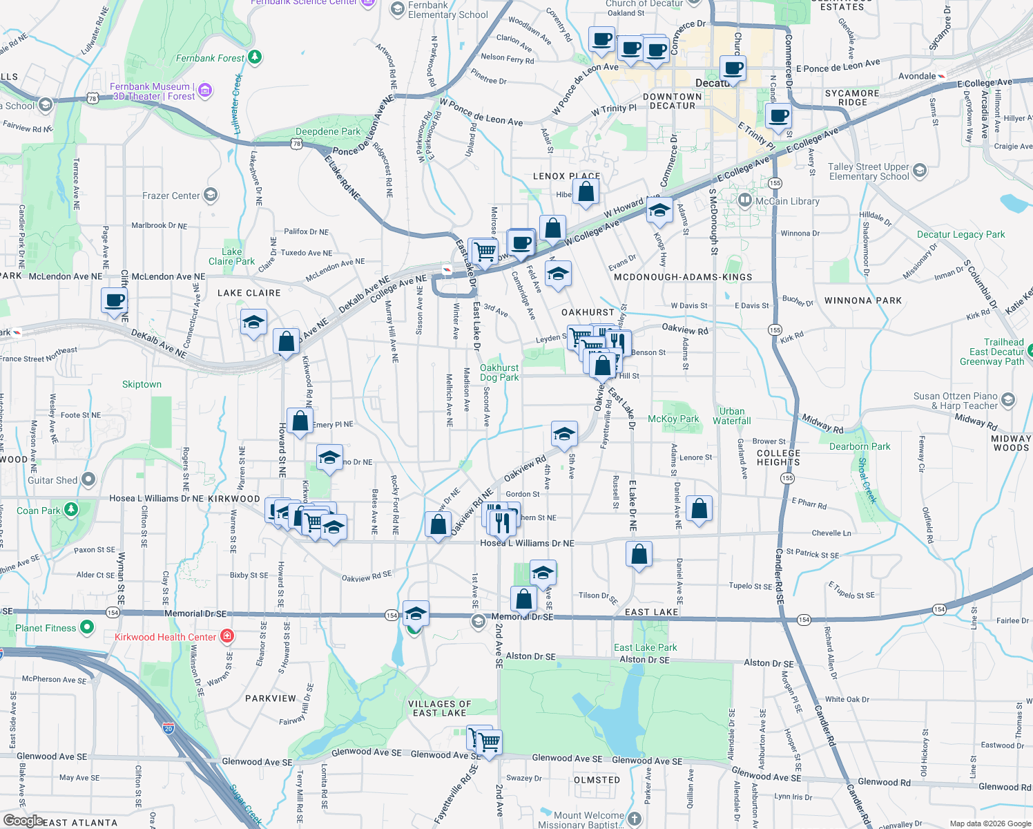 map of restaurants, bars, coffee shops, grocery stores, and more near 511 3rd Ave in Decatur