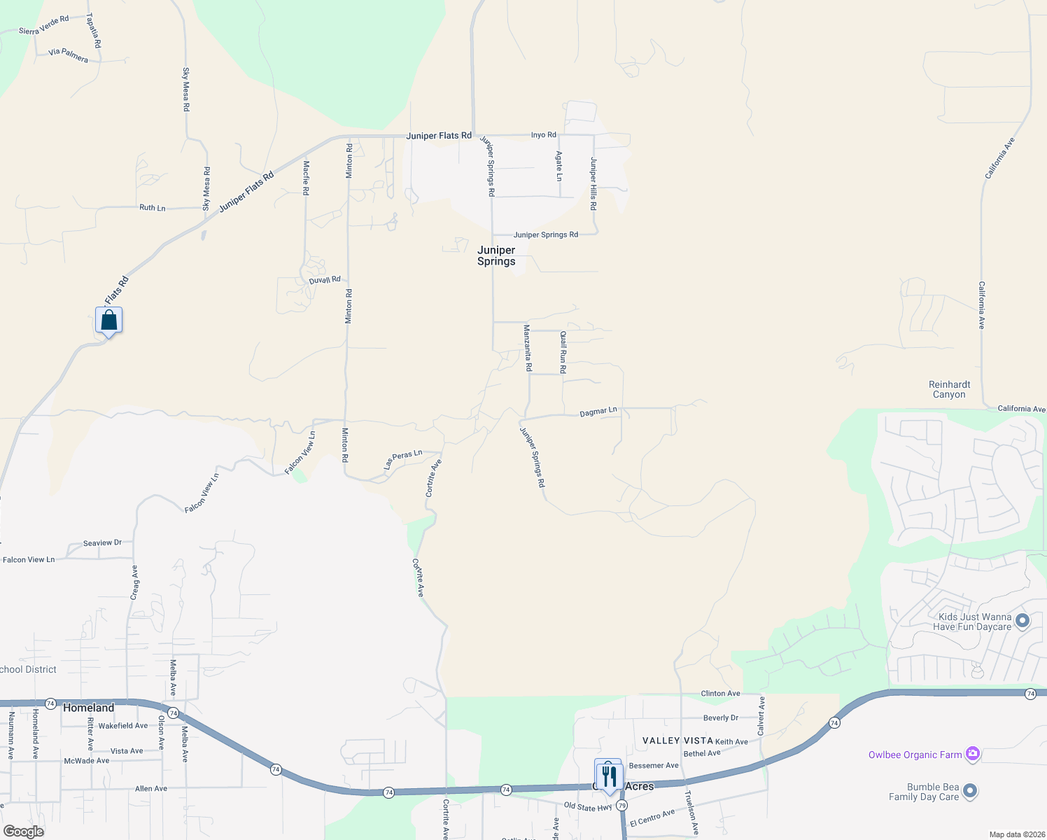 map of restaurants, bars, coffee shops, grocery stores, and more near Juniper Springs Road in Hemet