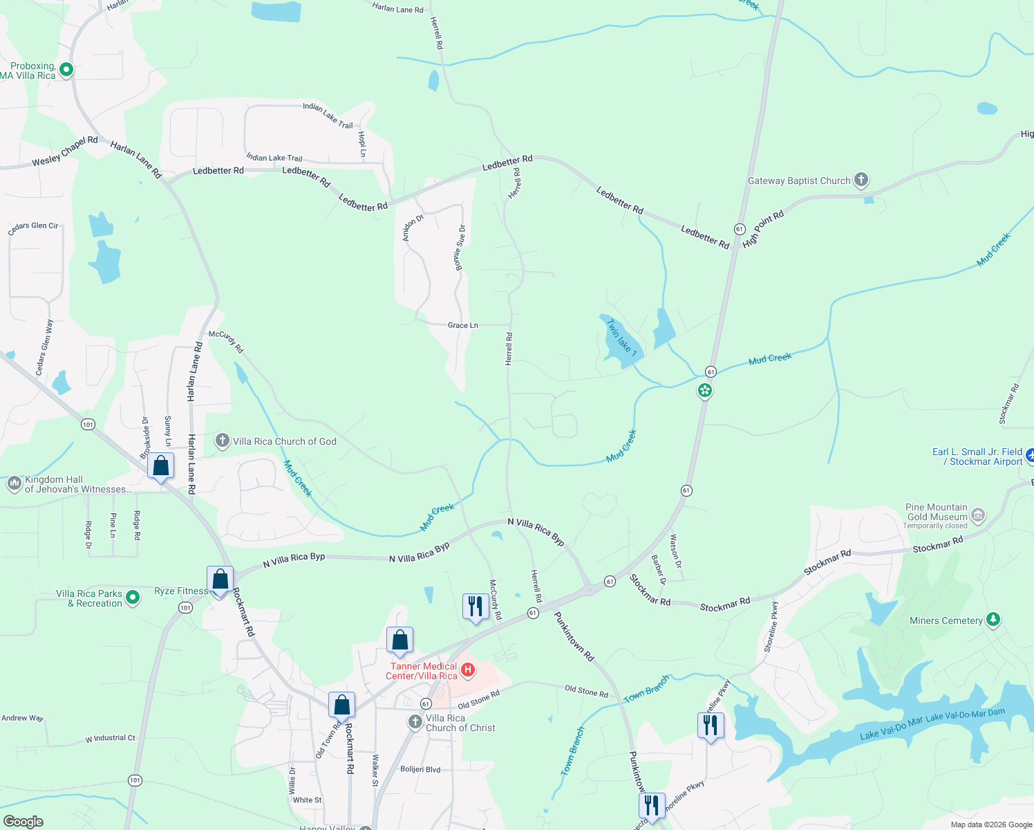 map of restaurants, bars, coffee shops, grocery stores, and more near 428 Flowery Branch Ct in Villa Rica