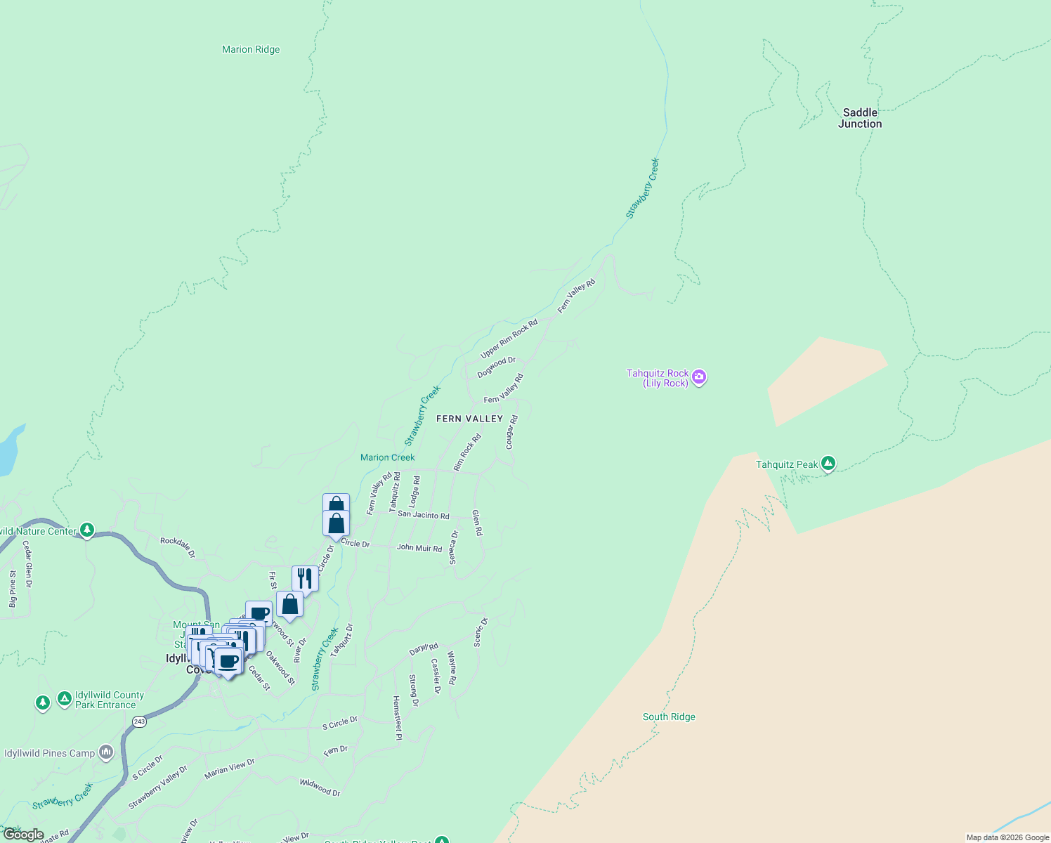 map of restaurants, bars, coffee shops, grocery stores, and more near 55526 Howland Road in Idyllwild-Pine Cove