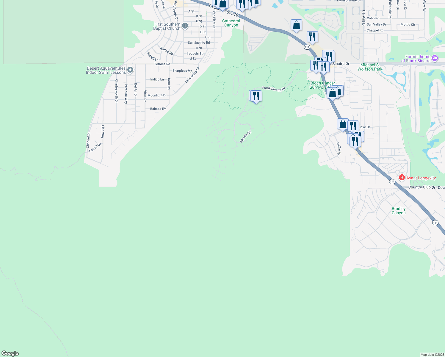 map of restaurants, bars, coffee shops, grocery stores, and more near 47 Sky Ridge Road in Rancho Mirage