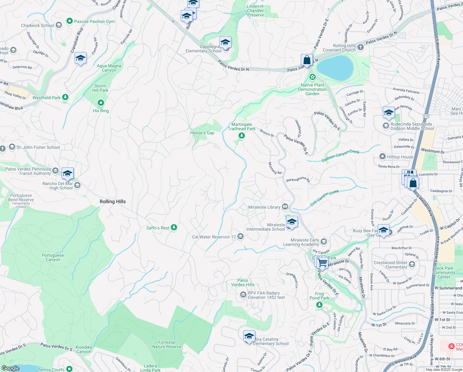 map of restaurants, bars, coffee shops, grocery stores, and more near 15 Chuckwagon Road in Rolling Hills