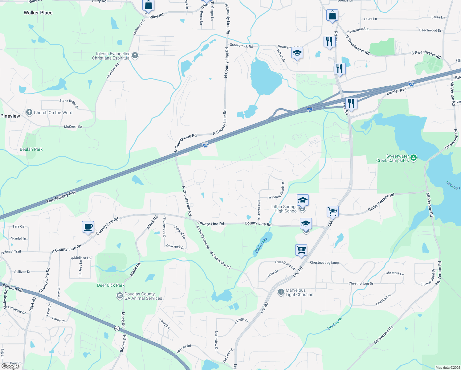 map of restaurants, bars, coffee shops, grocery stores, and more near 1620 Olde Spring Trail in Lithia Springs