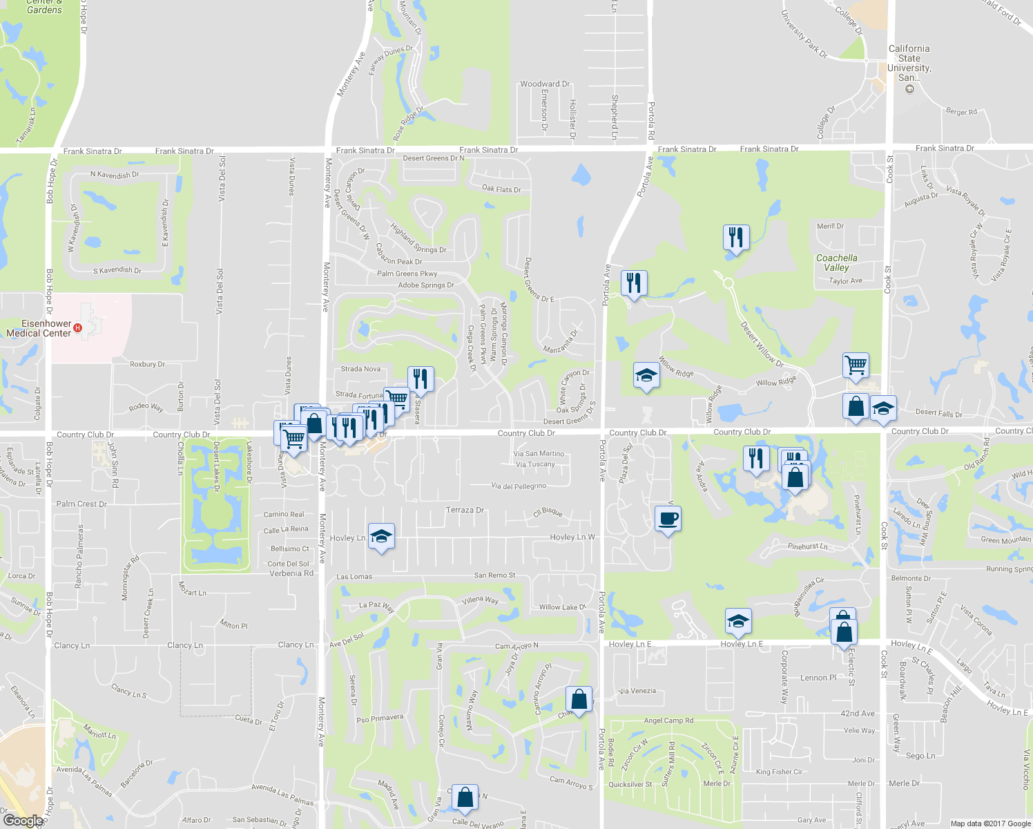 map of restaurants, bars, coffee shops, grocery stores, and more near 39880 Palm Greens Parkway in Palm Desert