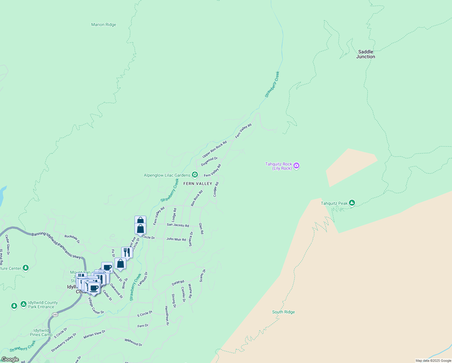 map of restaurants, bars, coffee shops, grocery stores, and more near 55526 Howland Road in Idyllwild-Pine Cove