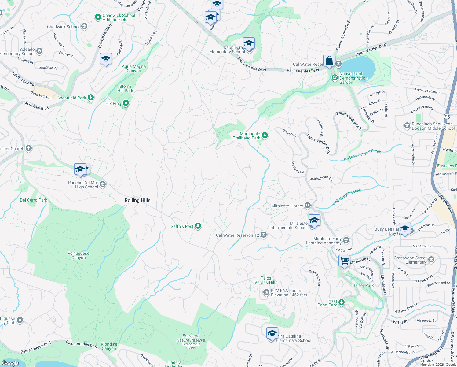 map of restaurants, bars, coffee shops, grocery stores, and more near 17 Bowie Road in Rolling Hills