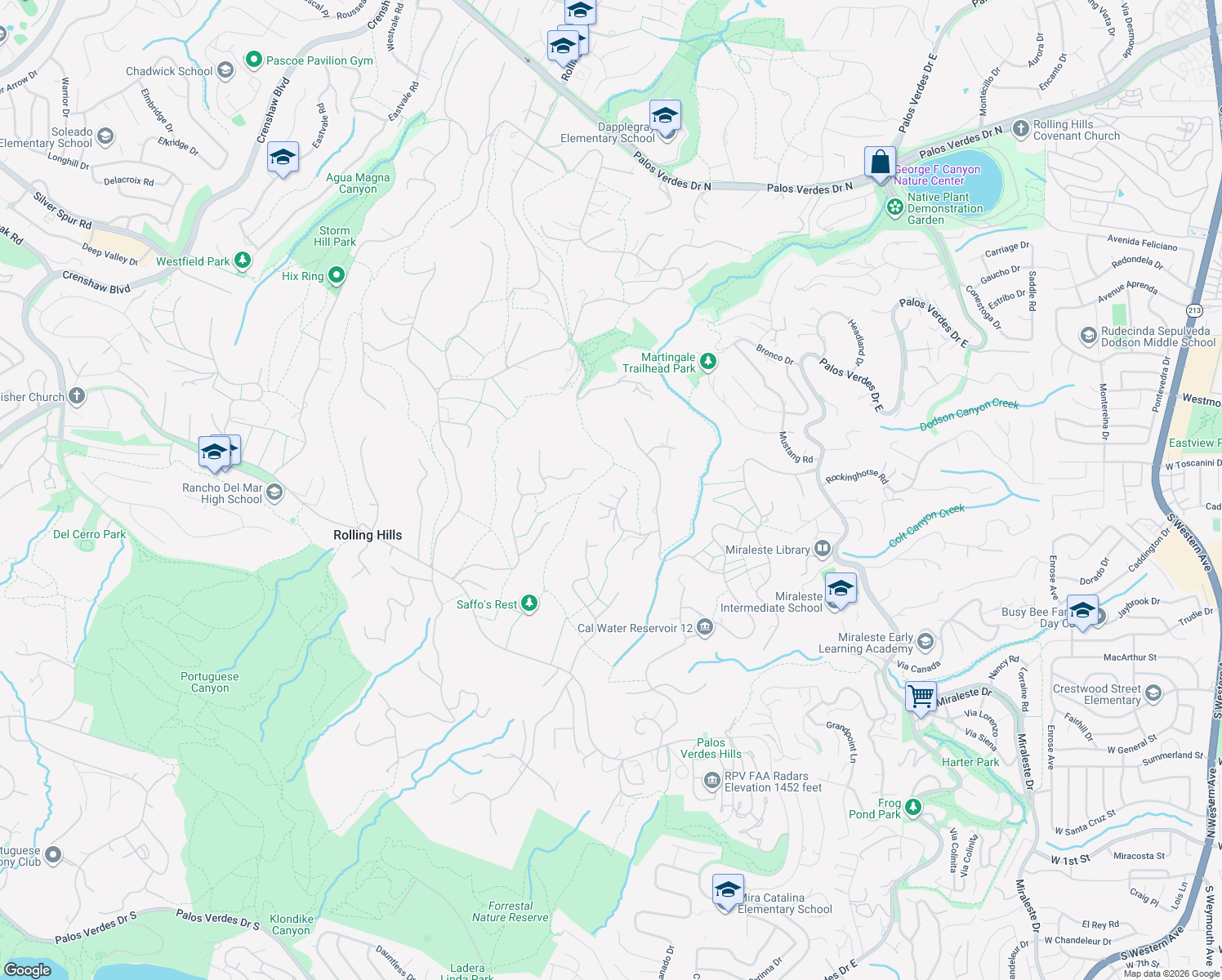 map of restaurants, bars, coffee shops, grocery stores, and more near 17 Bowie Road in Rolling Hills