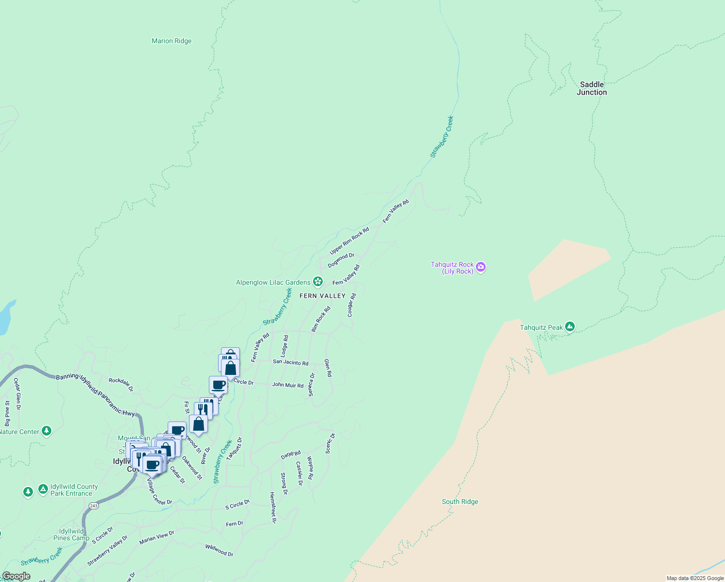 map of restaurants, bars, coffee shops, grocery stores, and more near 55526 Howland Road in Idyllwild-Pine Cove