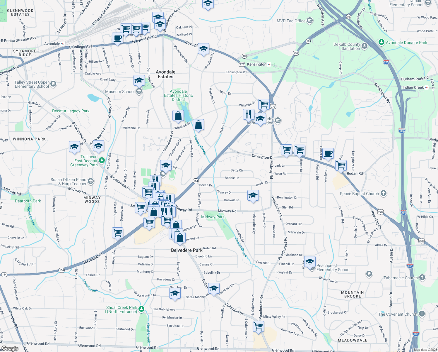 map of restaurants, bars, coffee shops, grocery stores, and more near 3188 Bobbie Lane in Decatur
