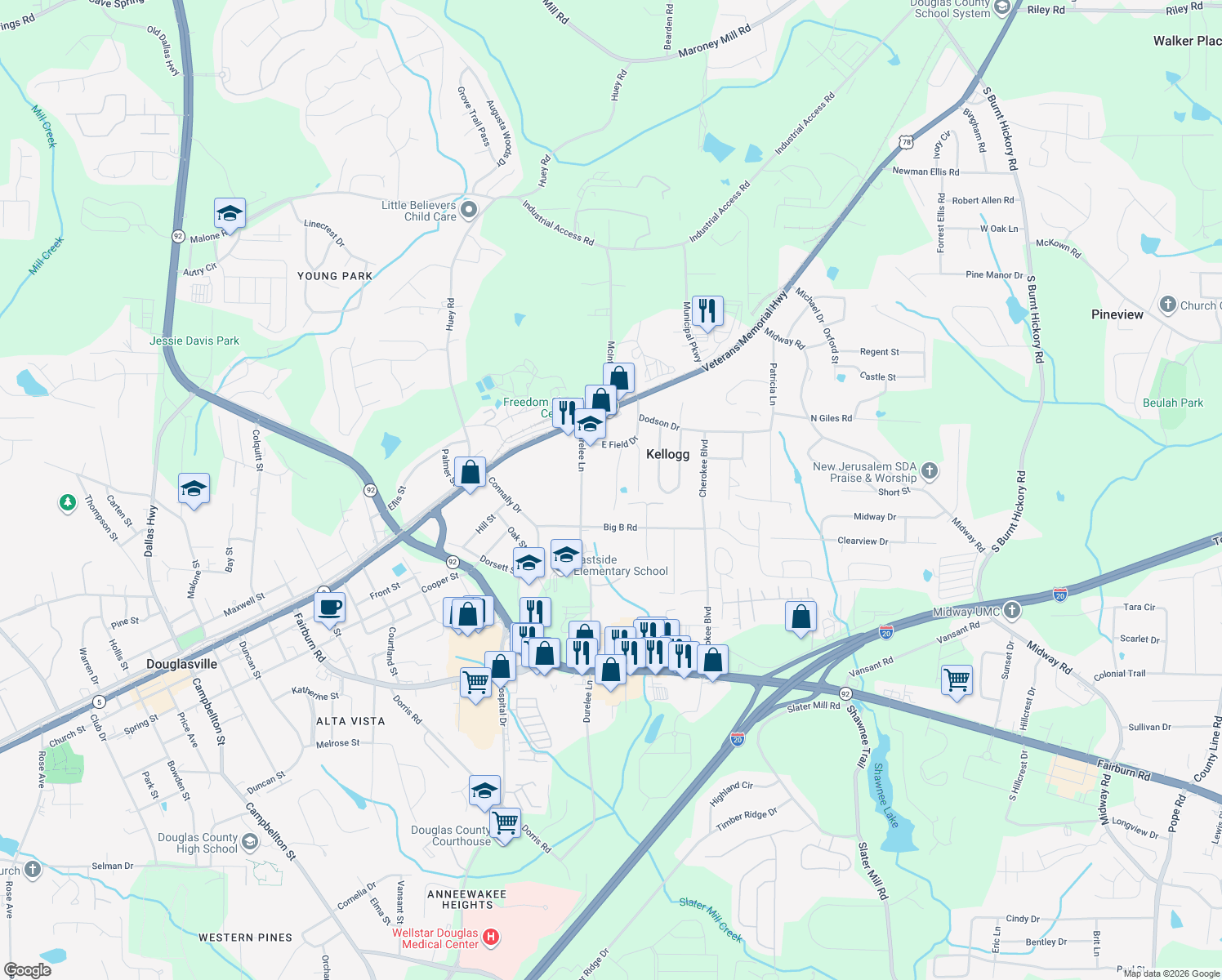 map of restaurants, bars, coffee shops, grocery stores, and more near 8077 Fieldstream Way in Douglasville