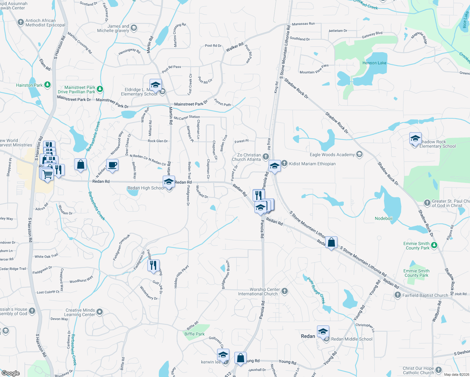 map of restaurants, bars, coffee shops, grocery stores, and more near 5380 Kristian Ct in Stone Mountain