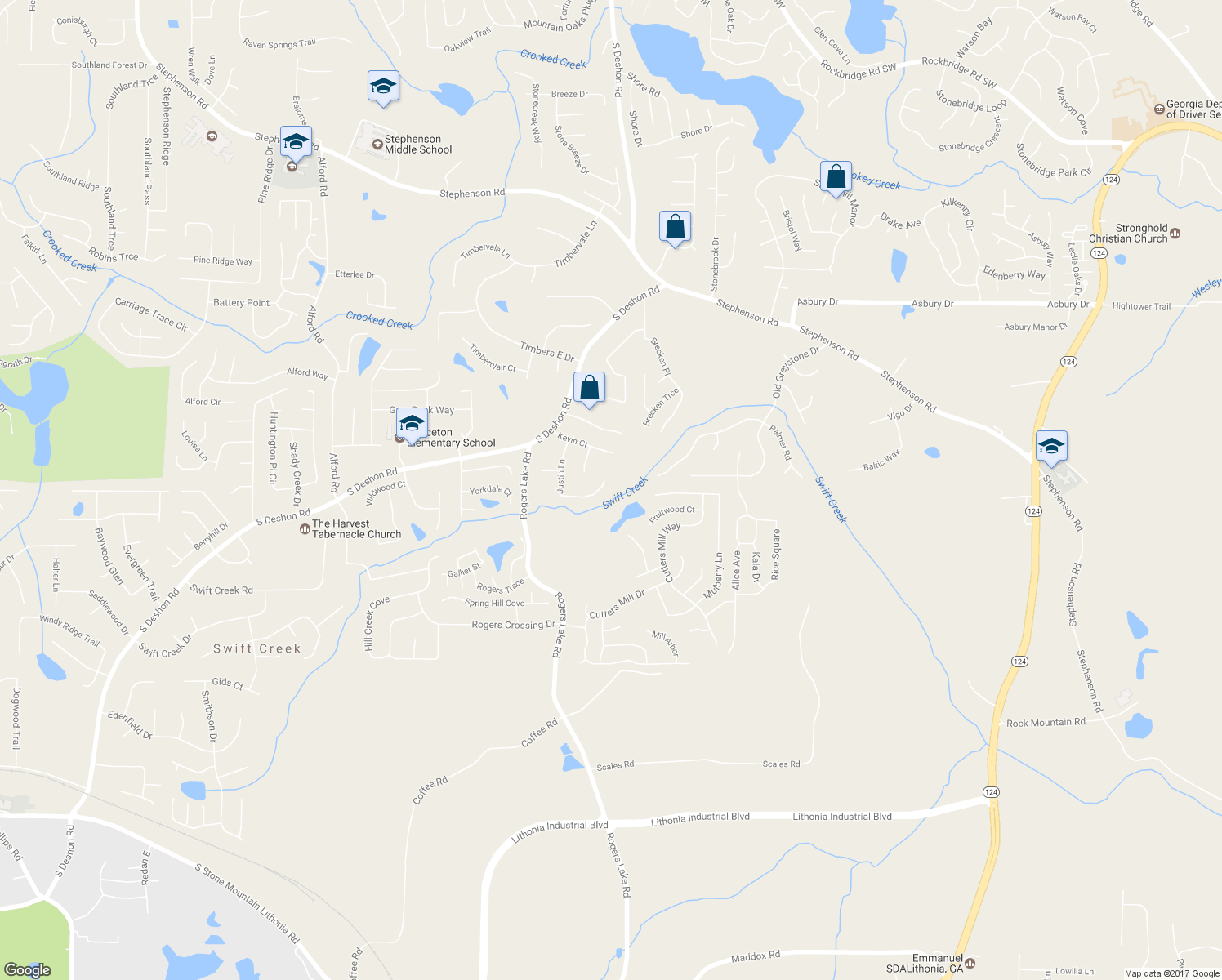 map of restaurants, bars, coffee shops, grocery stores, and more near 1233 Justin Lane in Lithonia