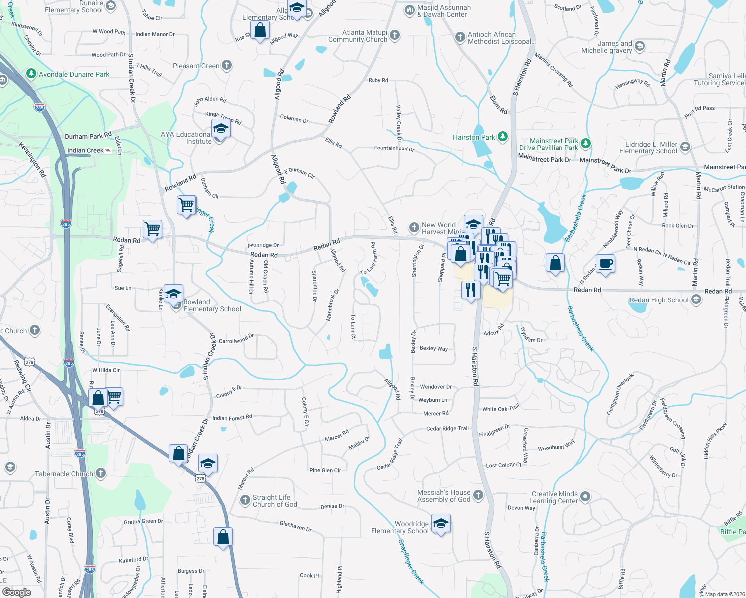 map of restaurants, bars, coffee shops, grocery stores, and more near 4484 Thornwood Trail in Stone Mountain