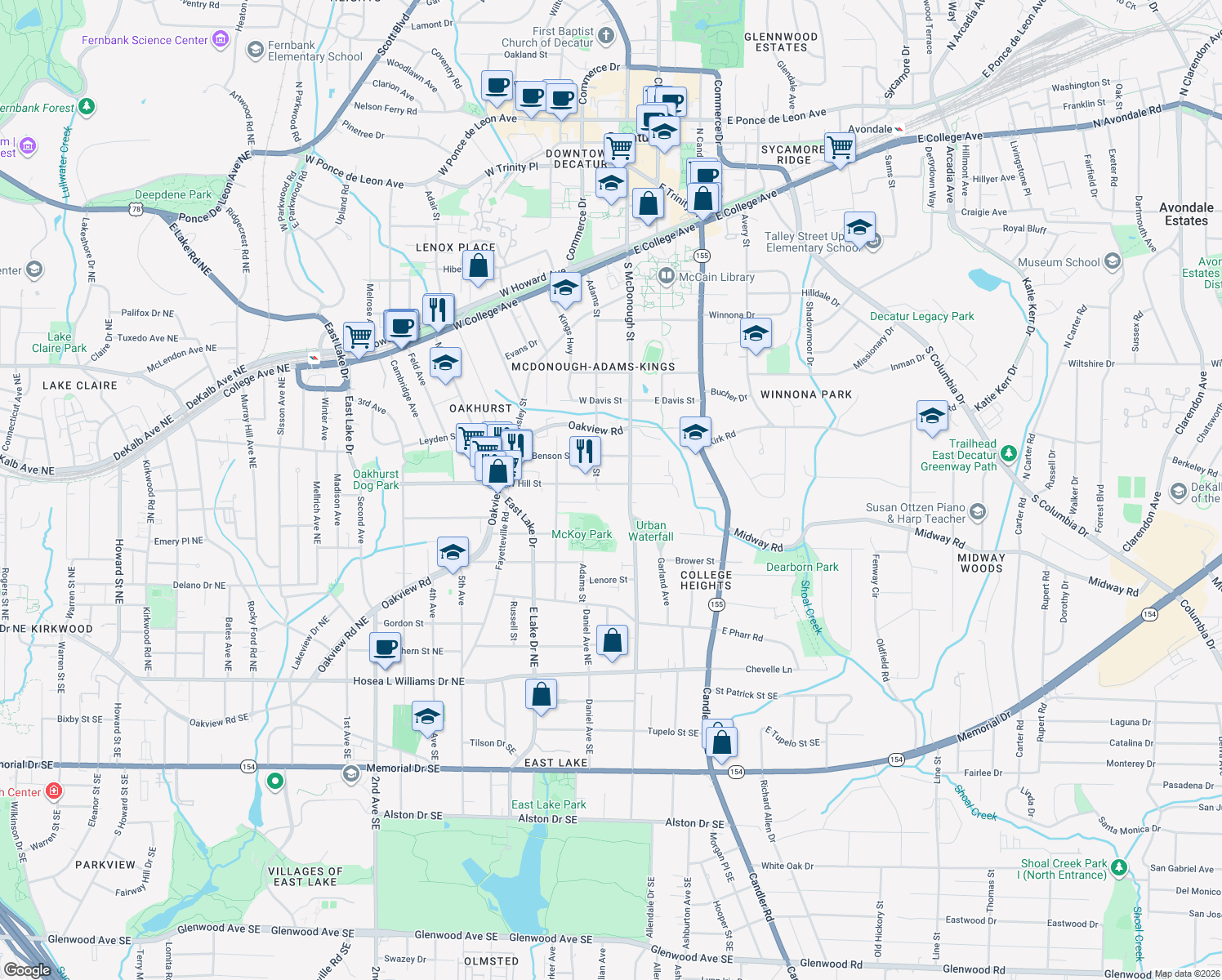 map of restaurants, bars, coffee shops, grocery stores, and more near 122 West Hill Street in Decatur