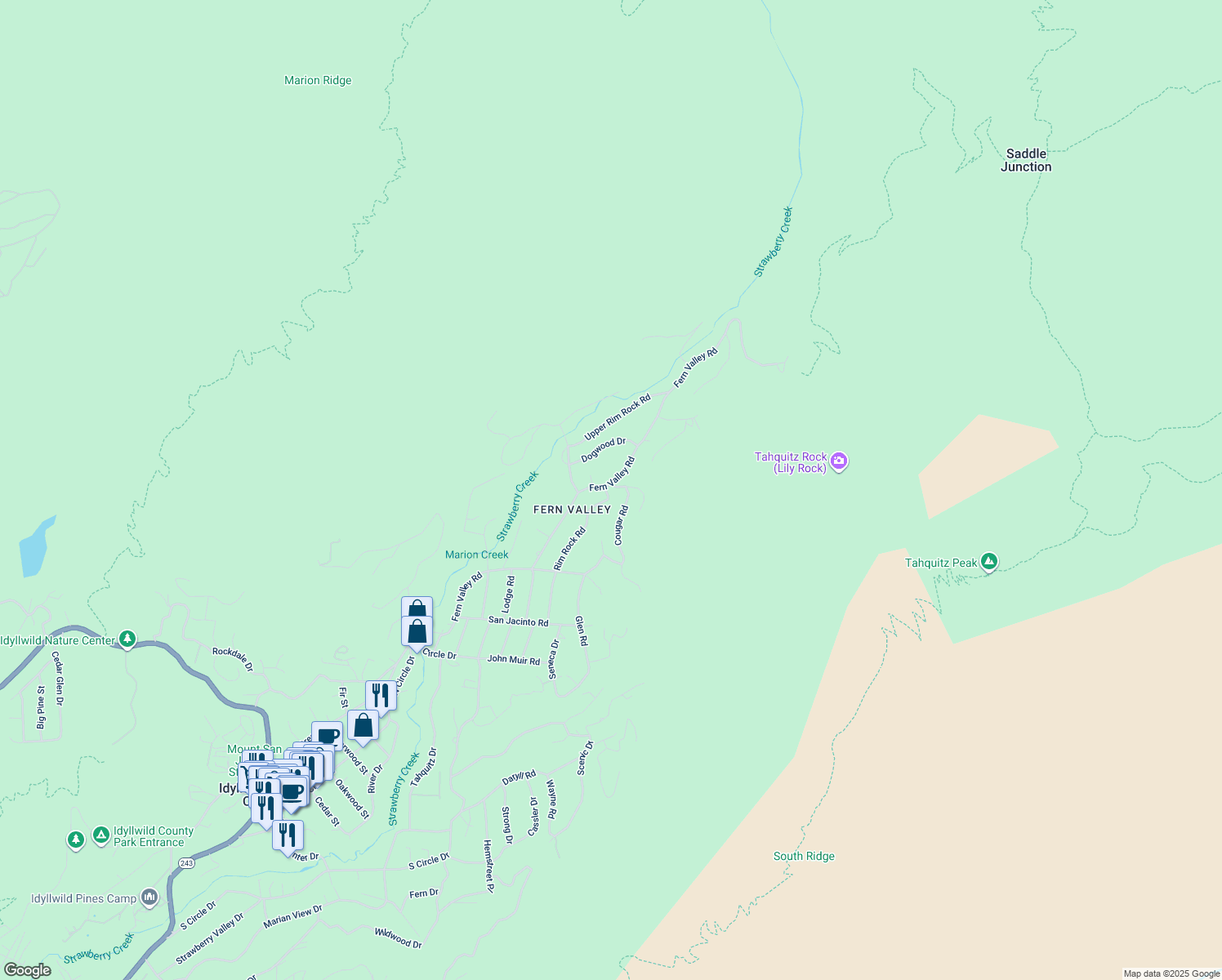 map of restaurants, bars, coffee shops, grocery stores, and more near 24918 Fern Valley Road in Idyllwild-Pine Cove