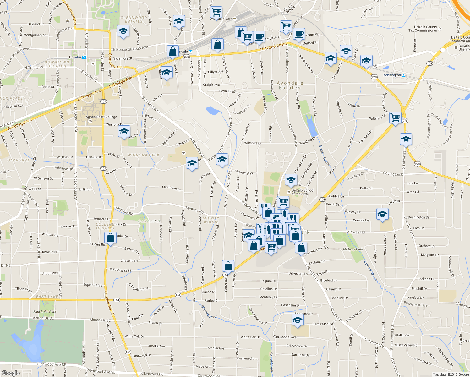 map of restaurants, bars, coffee shops, grocery stores, and more near 1195 Russell Dr in Decatur