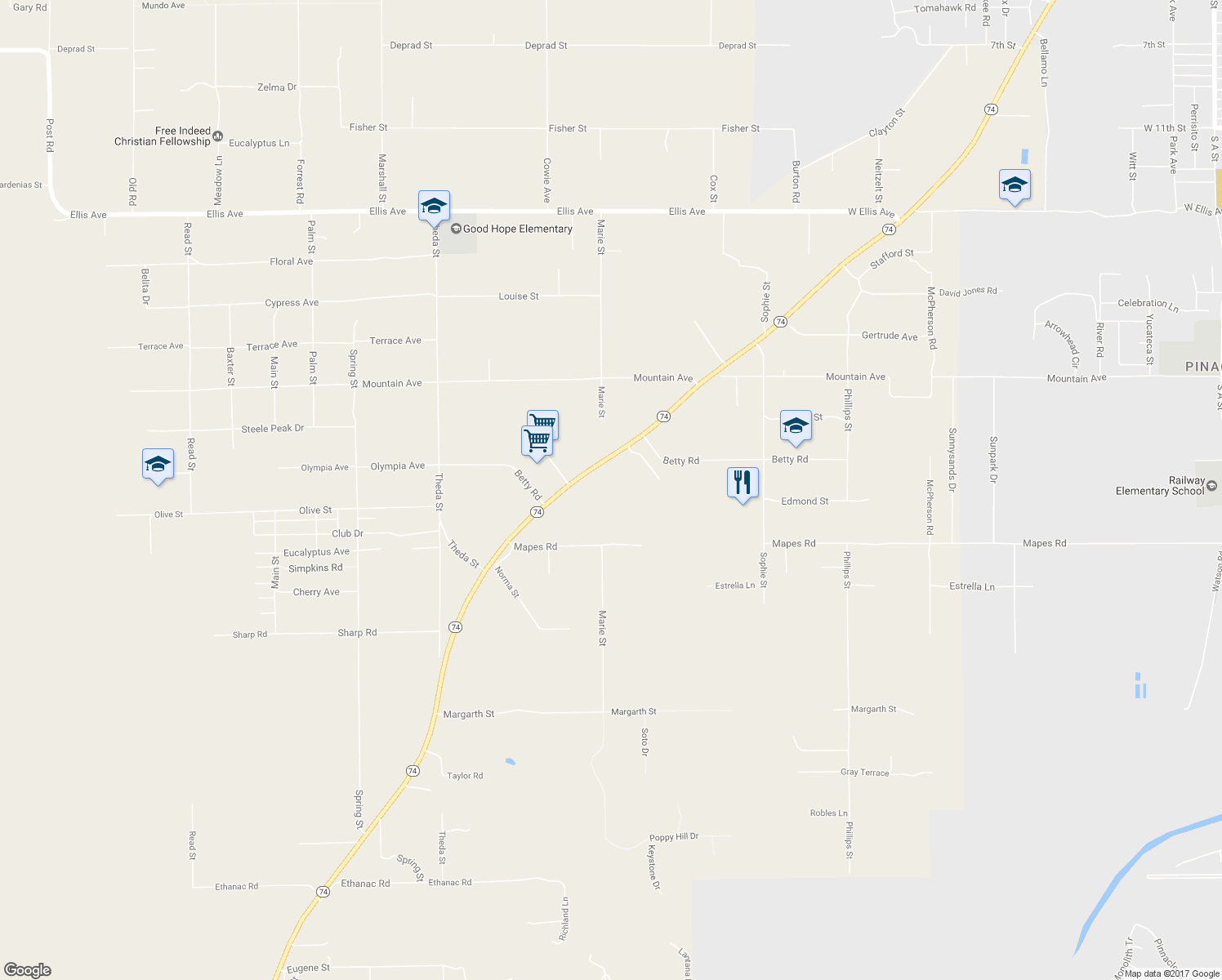 map of restaurants, bars, coffee shops, grocery stores, and more near 24740 California 74 in Perris