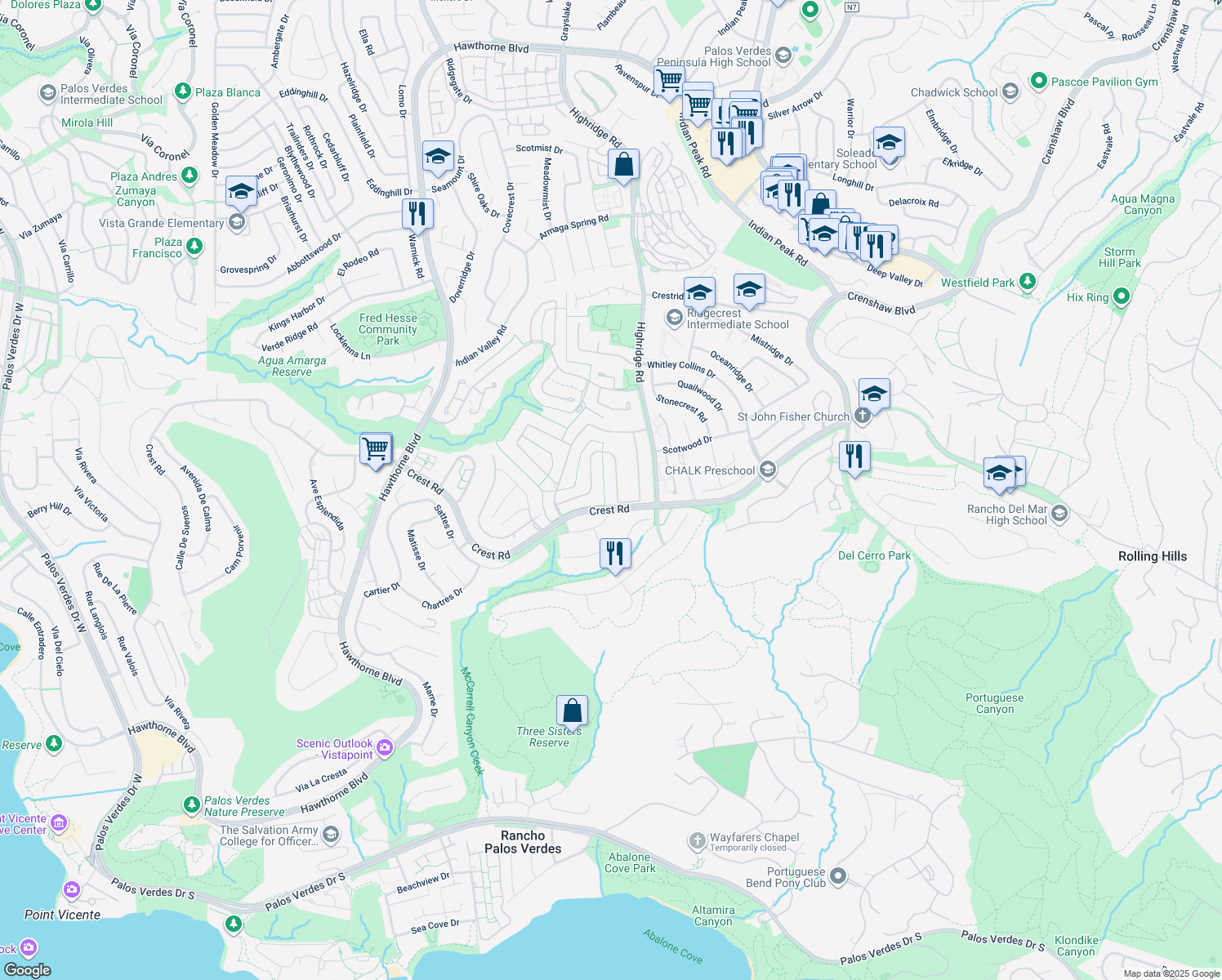map of restaurants, bars, coffee shops, grocery stores, and more near 30 Misty Acres Road in Rolling Hills Estates