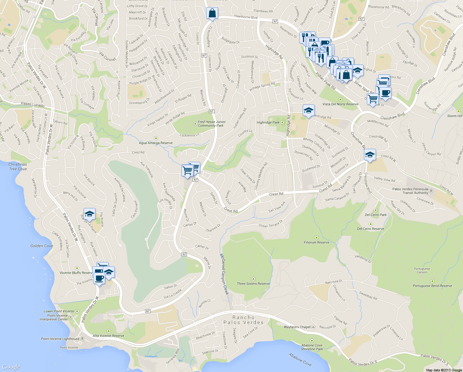 map of restaurants, bars, coffee shops, grocery stores, and more near Santa Cruz in Rolling Hills Estates