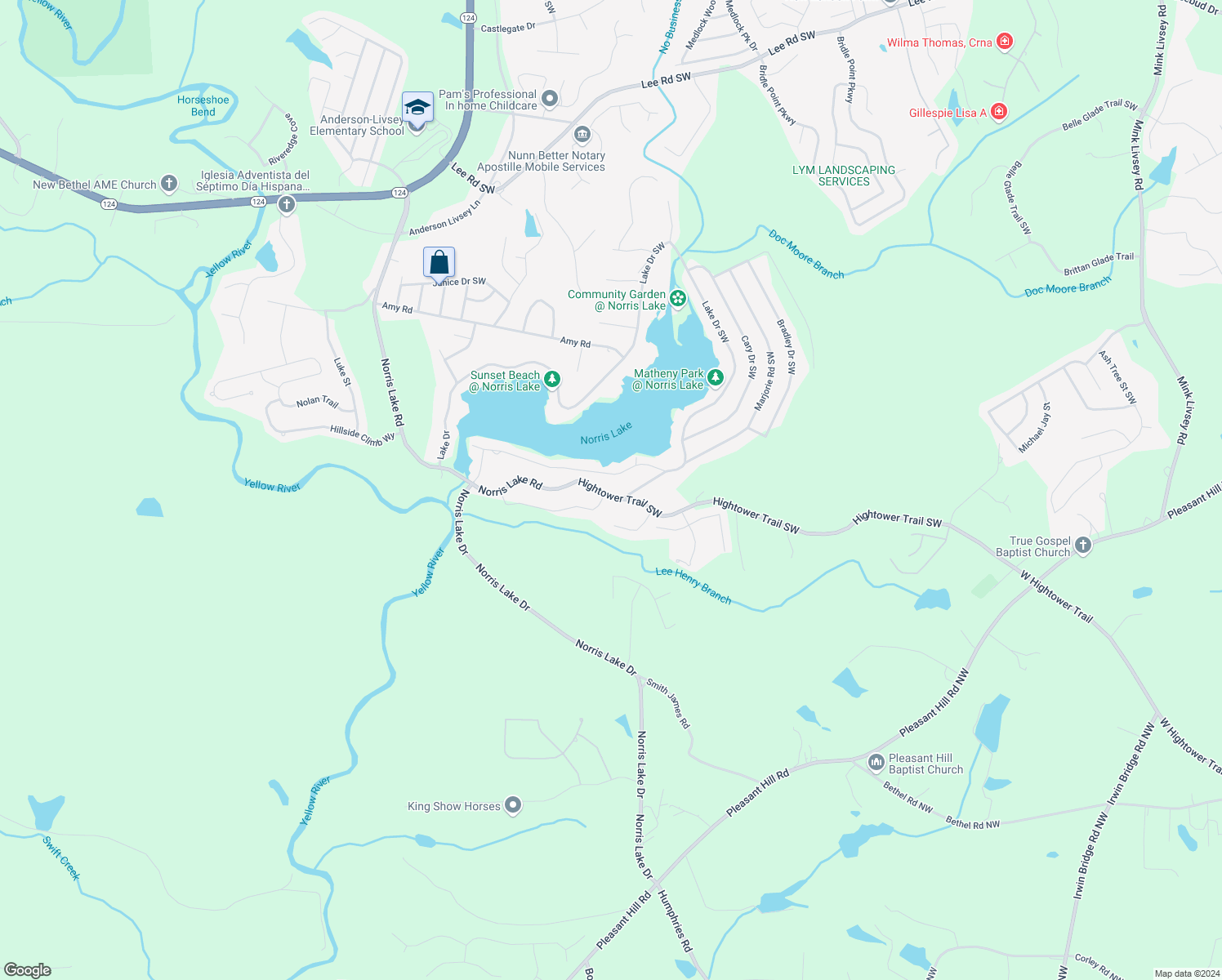 map of restaurants, bars, coffee shops, grocery stores, and more near 8520 Hightower Trail Southwest in Snellville