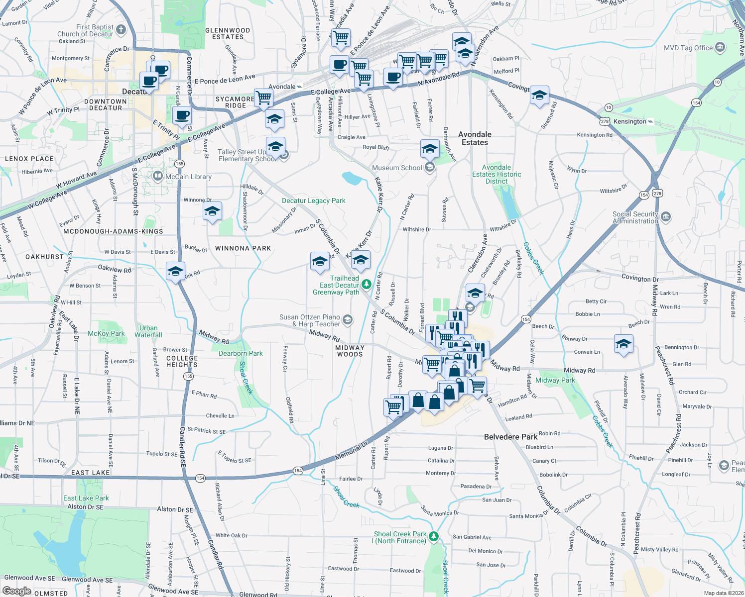 map of restaurants, bars, coffee shops, grocery stores, and more near 1203 North Carter Road in Decatur