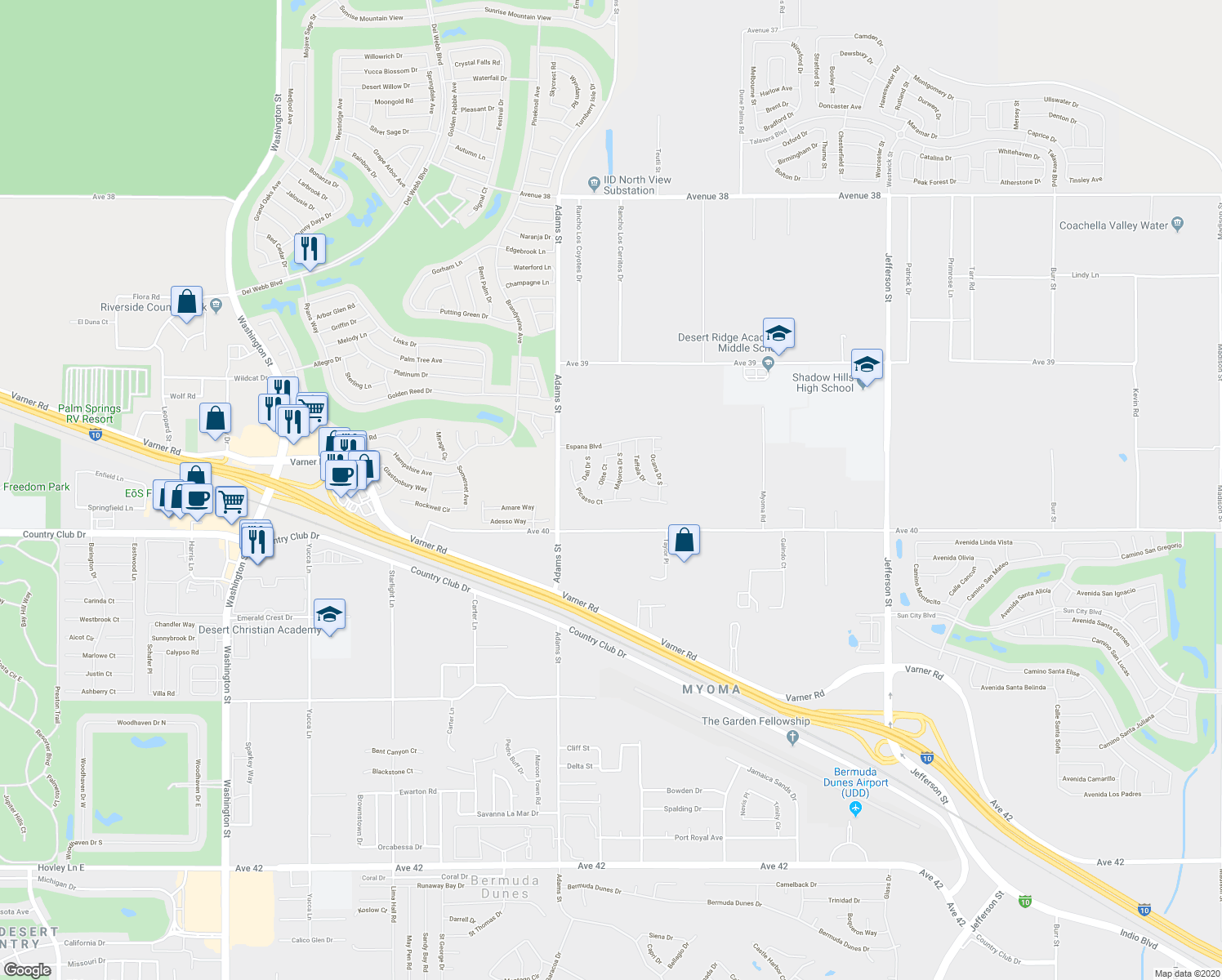 map of restaurants, bars, coffee shops, grocery stores, and more near 39763 Majorca Drive South in Indio