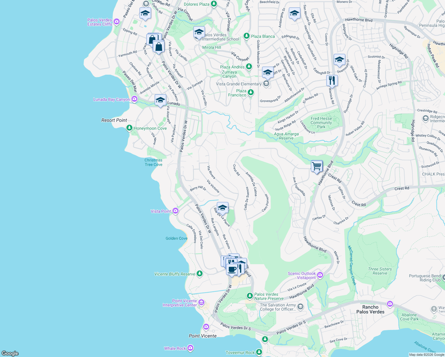 map of restaurants, bars, coffee shops, grocery stores, and more near 30205 Vía Borica in Rancho Palos Verdes