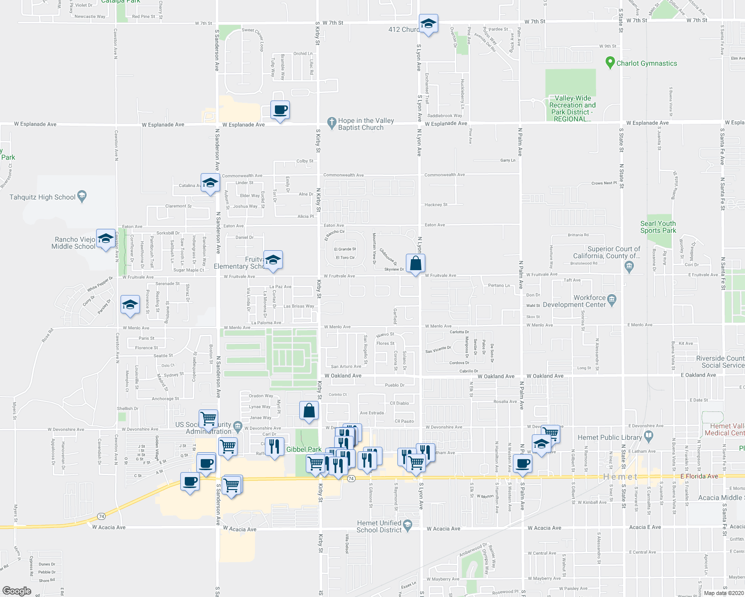 map of restaurants, bars, coffee shops, grocery stores, and more near 801 Buttercup Drive in Hemet