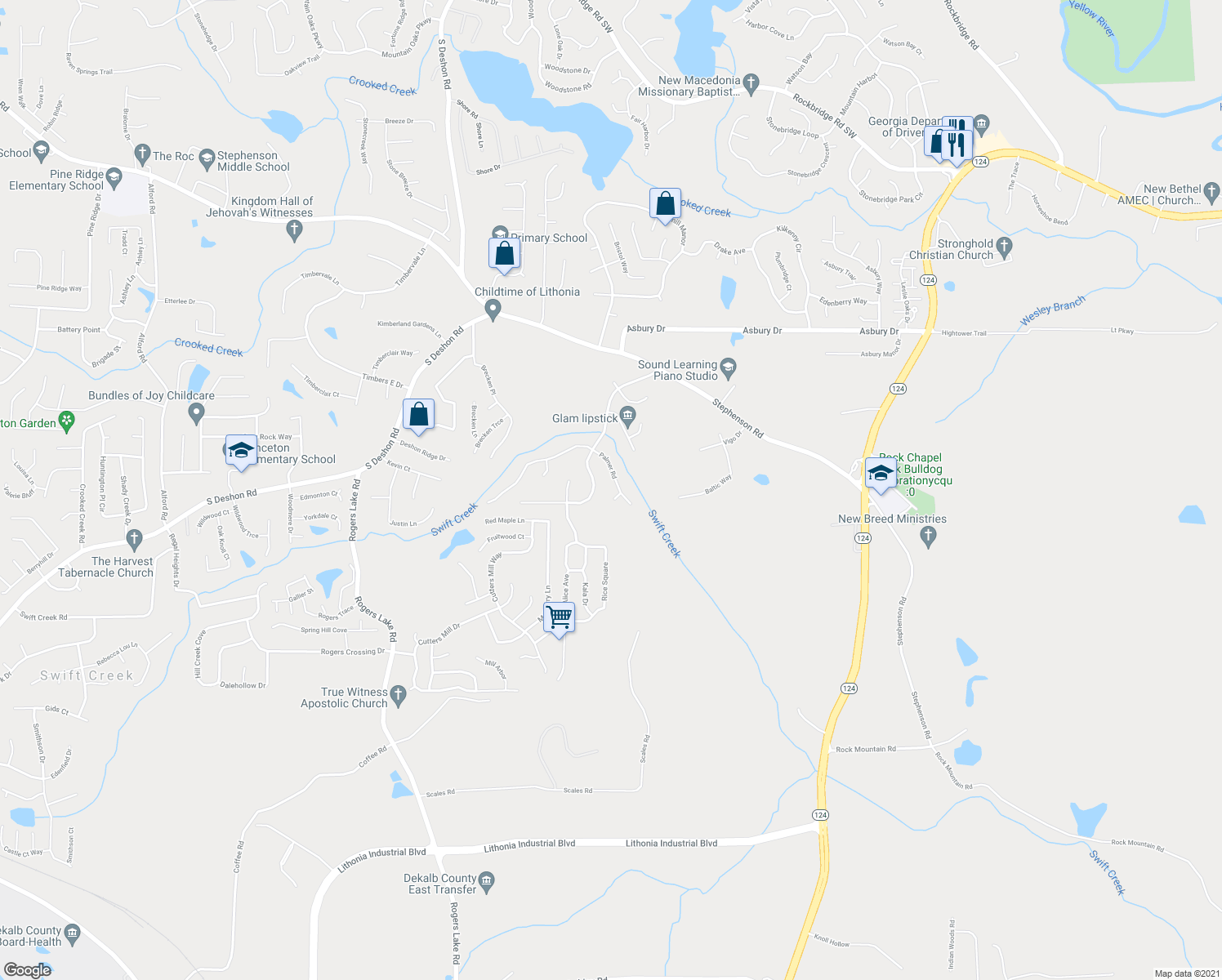 map of restaurants, bars, coffee shops, grocery stores, and more near 1121 Palmer Road in Lithonia