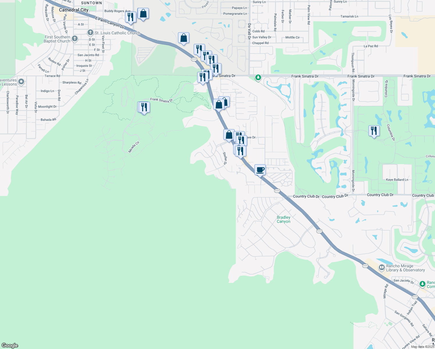 map of restaurants, bars, coffee shops, grocery stores, and more near 2 Nebulae Way in Rancho Mirage