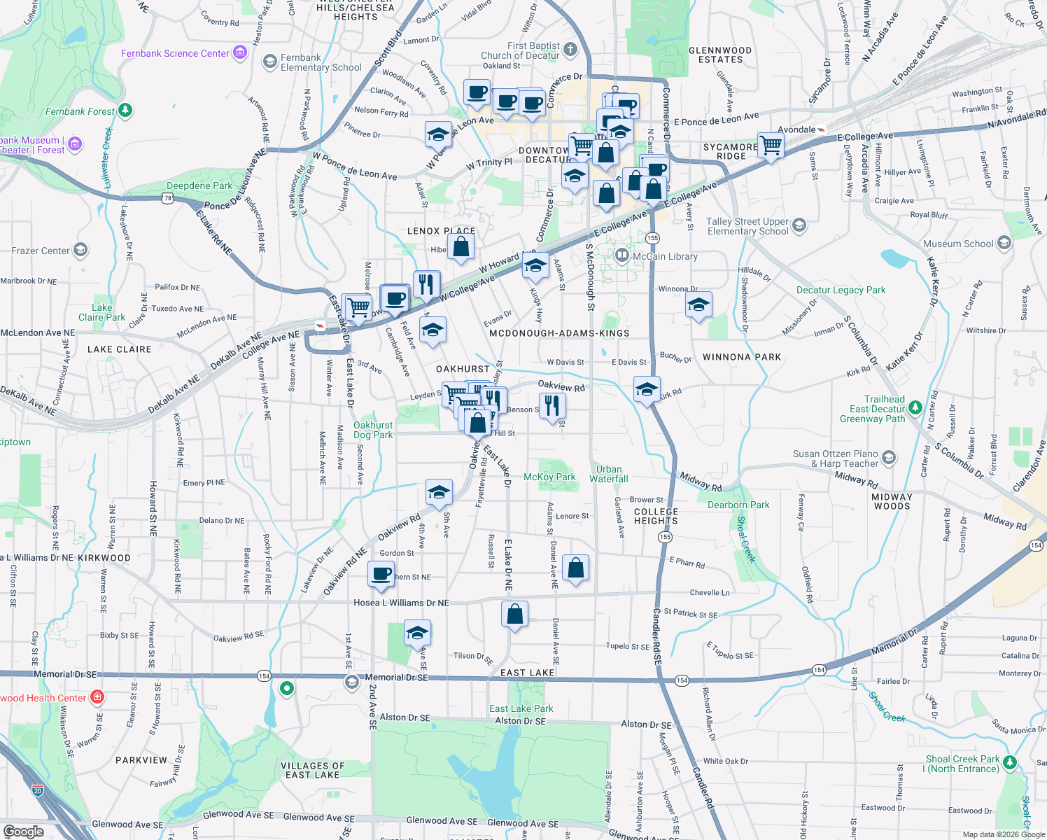 map of restaurants, bars, coffee shops, grocery stores, and more near 215 Mckoy St in Decatur