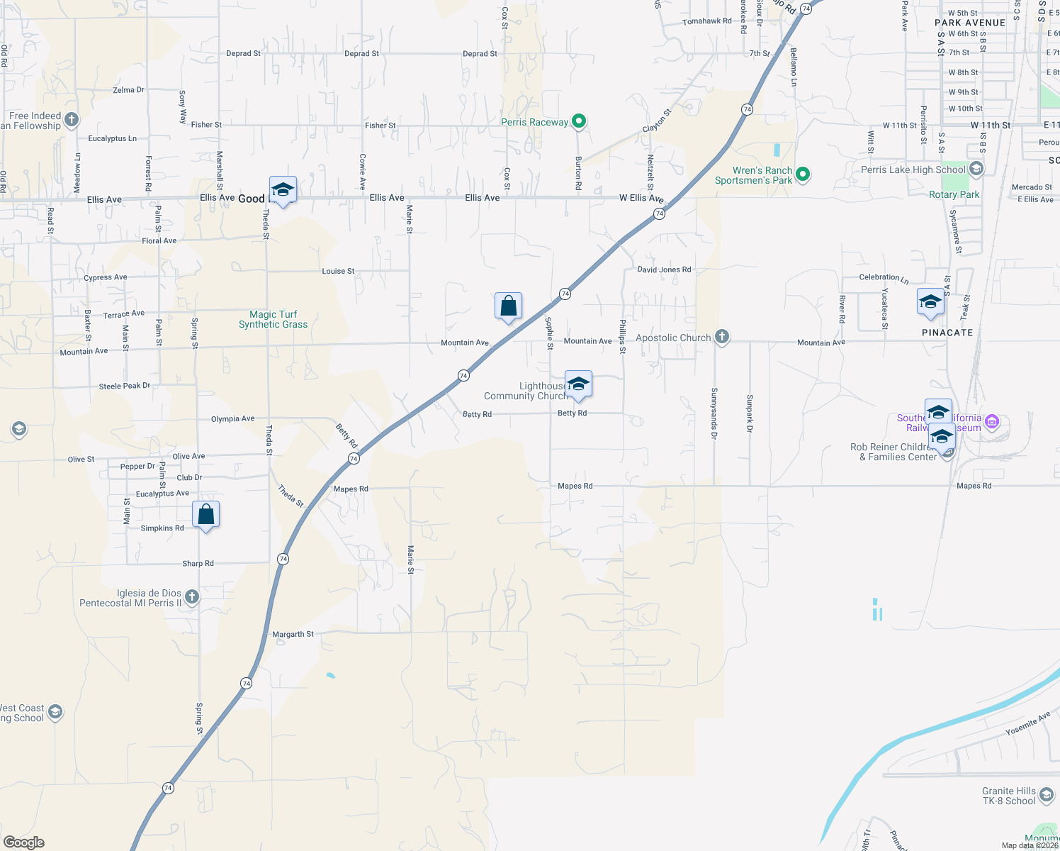 map of restaurants, bars, coffee shops, grocery stores, and more near 22921 Betty Road in Perris