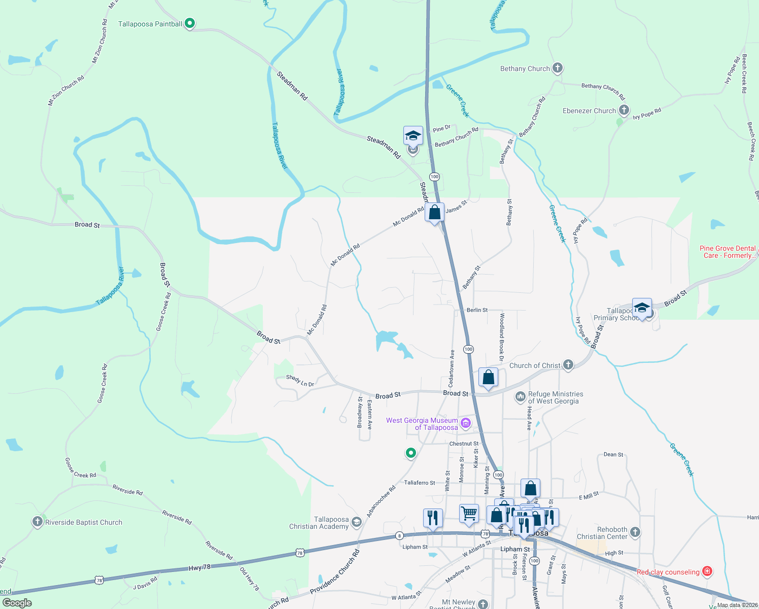 map of restaurants, bars, coffee shops, grocery stores, and more near 193 Faye Street in Tallapoosa