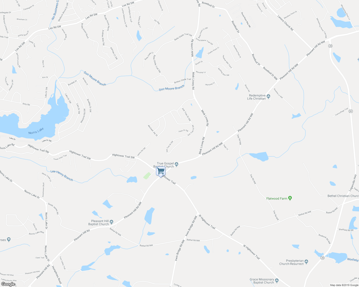 map of restaurants, bars, coffee shops, grocery stores, and more near 4041 Ash Tree Street Southwest in Snellville