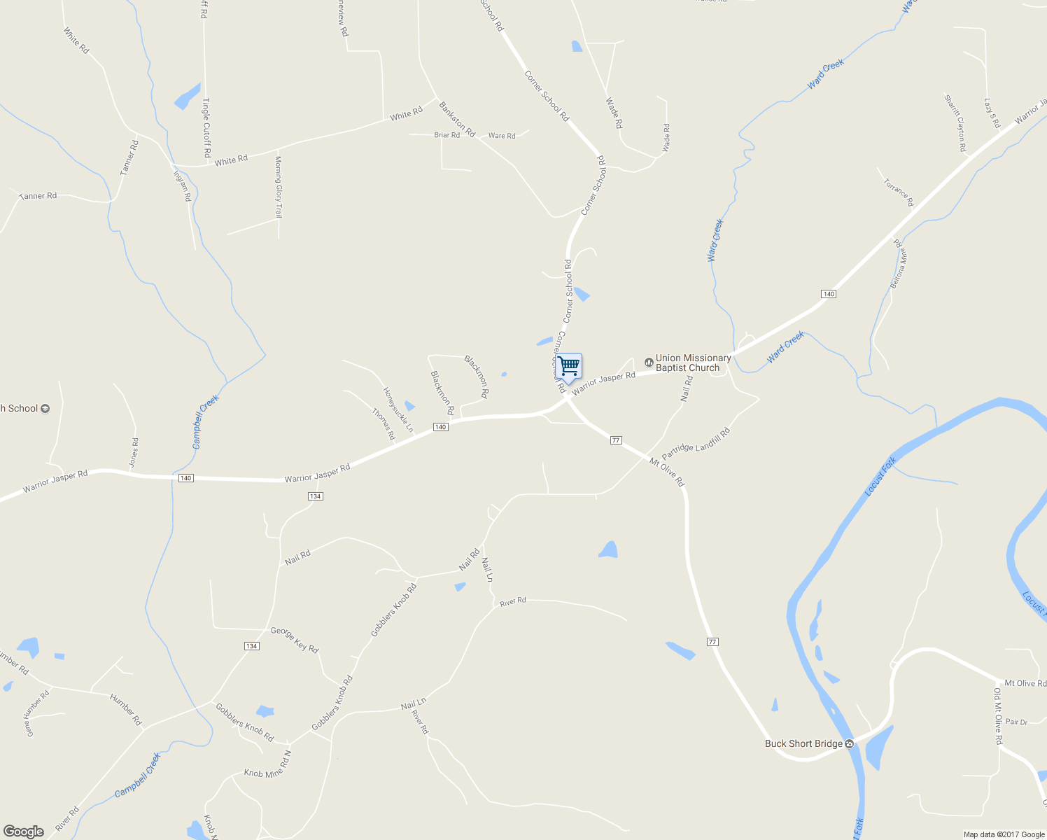 map of restaurants, bars, coffee shops, grocery stores, and more near 3566 Warrior Jasper Road in Warrior