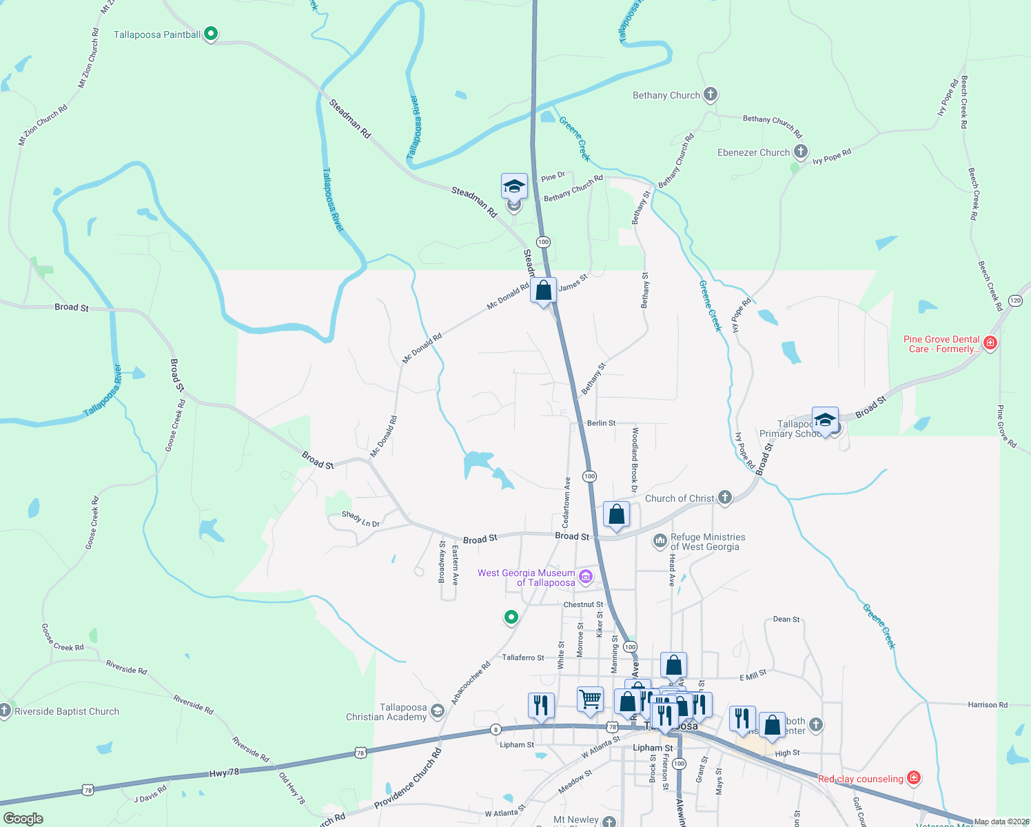 map of restaurants, bars, coffee shops, grocery stores, and more near 727 Kay Street in Tallapoosa