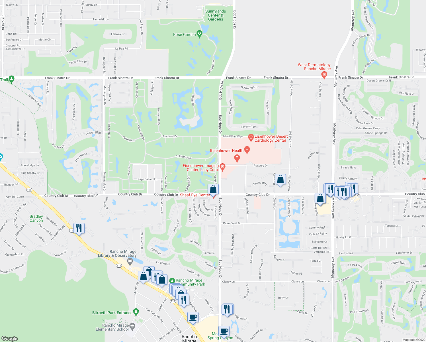 map of restaurants, bars, coffee shops, grocery stores, and more near 1 Lehigh Court in Rancho Mirage