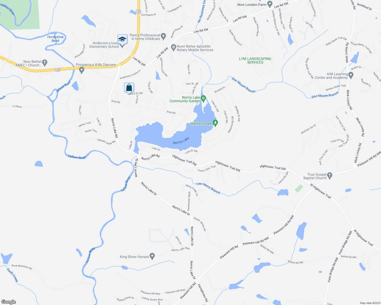 map of restaurants, bars, coffee shops, grocery stores, and more near 8539 Lake Drive in Snellville