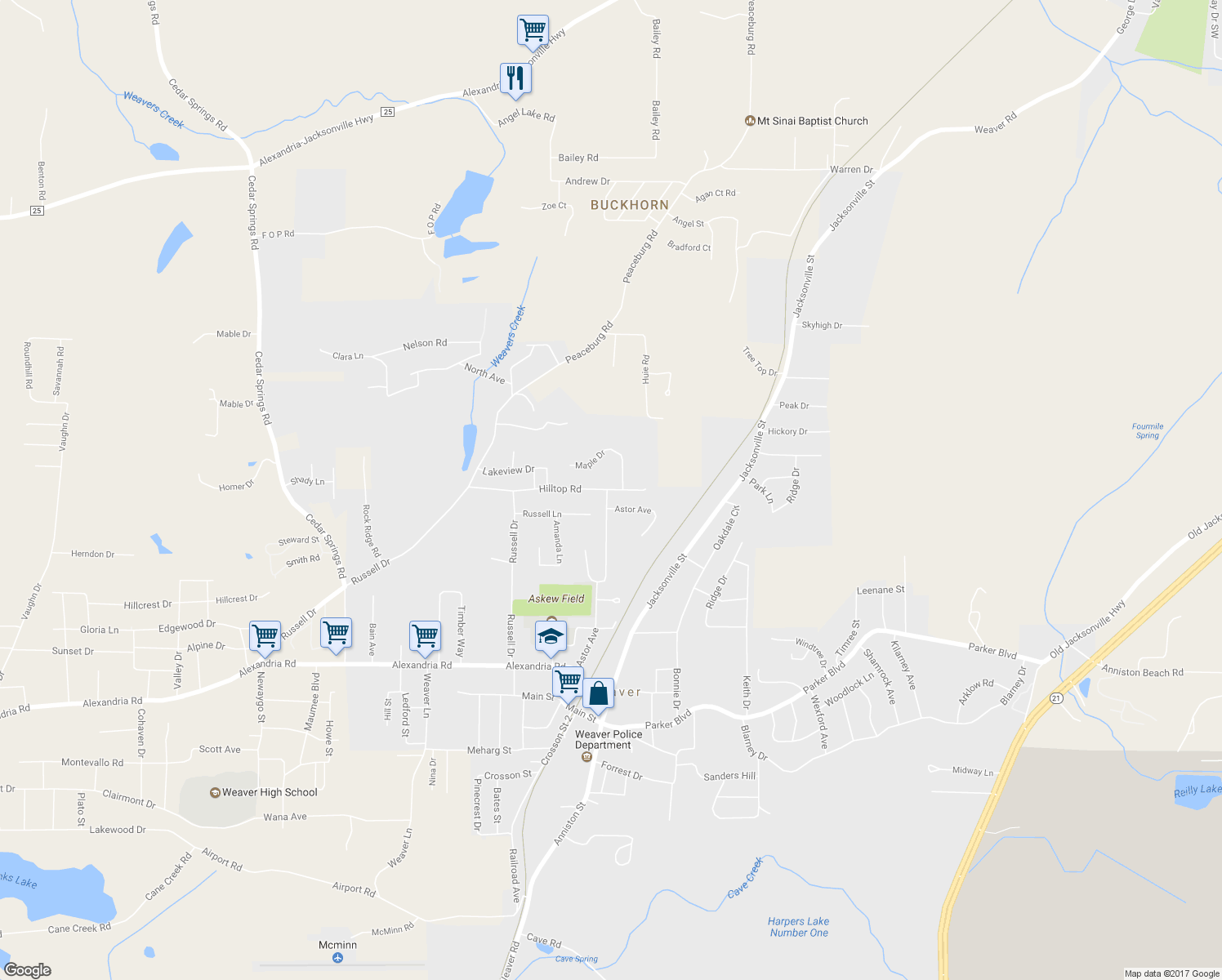 map of restaurants, bars, coffee shops, grocery stores, and more near 304 Hilltop Road in Weaver