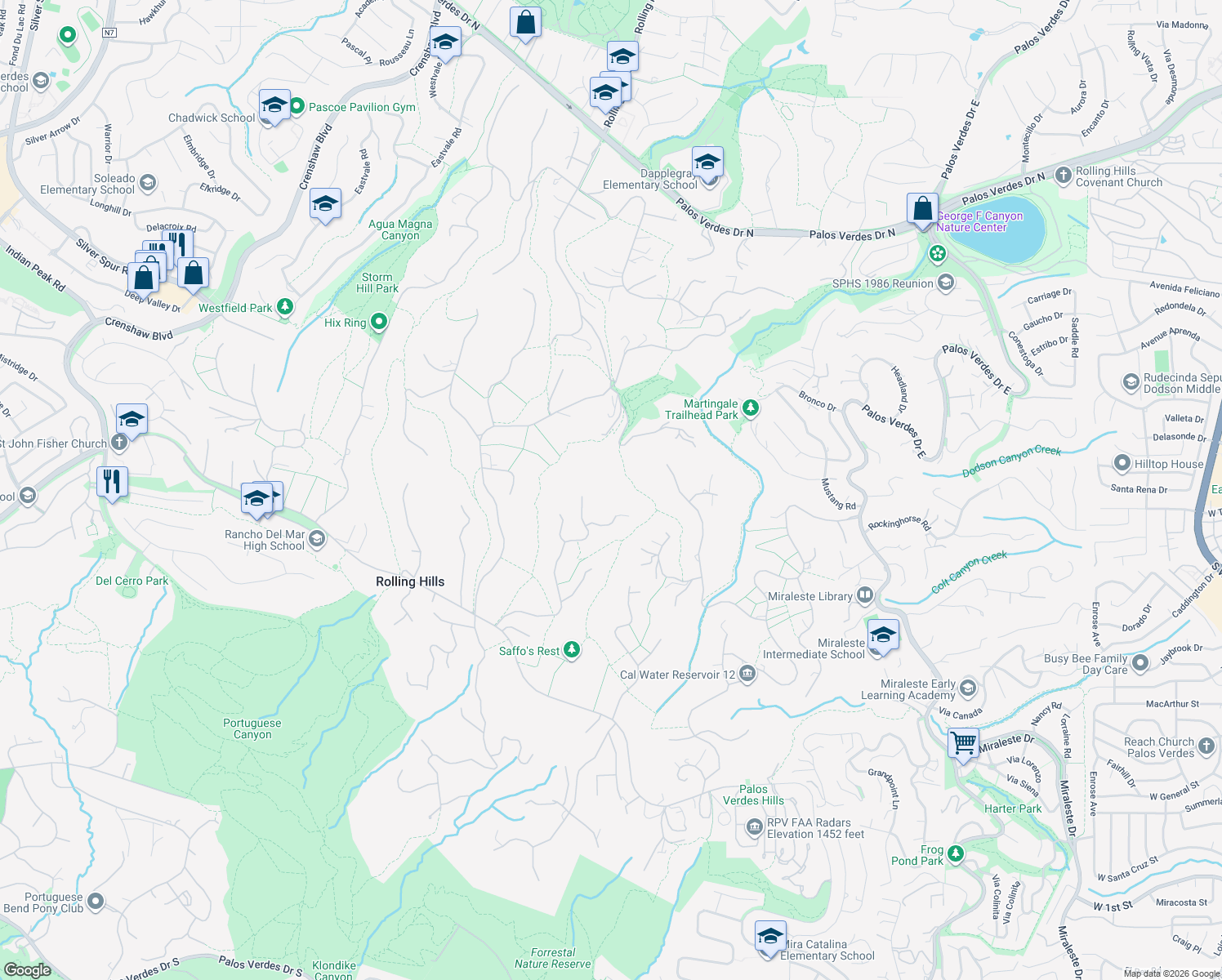 map of restaurants, bars, coffee shops, grocery stores, and more near 4 Poppy Trail in Rolling Hills