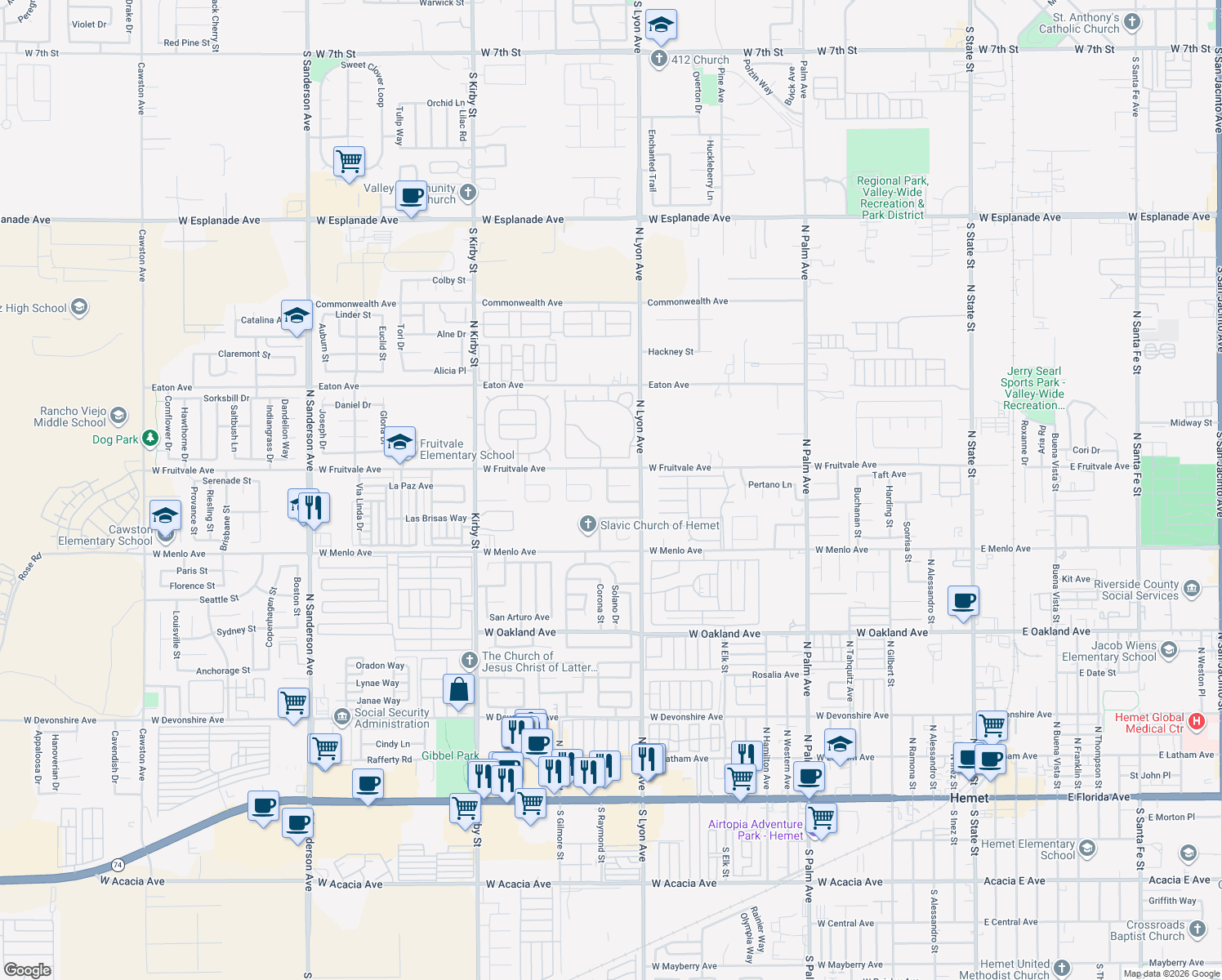 map of restaurants, bars, coffee shops, grocery stores, and more near 1799 Karen Court in Hemet