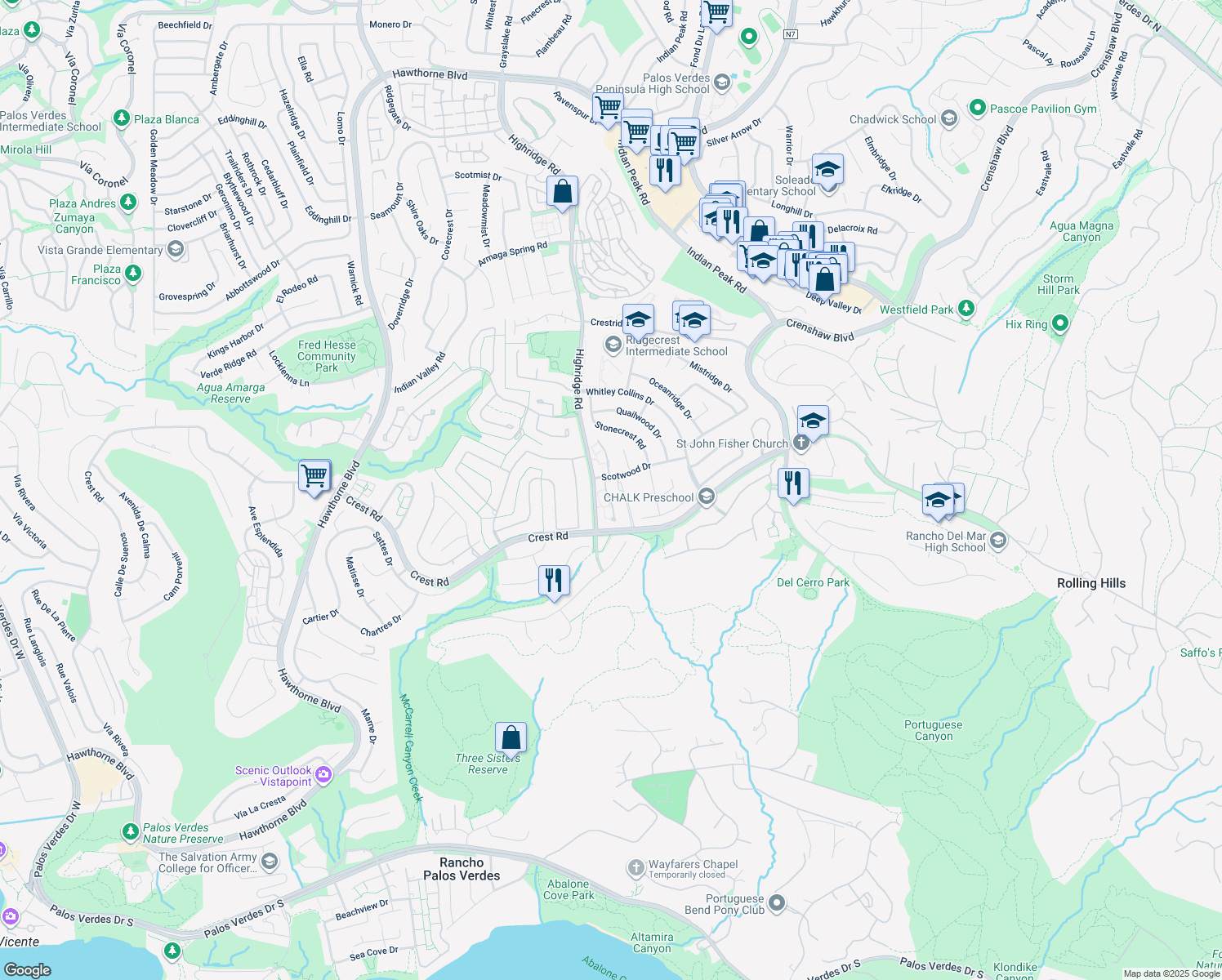map of restaurants, bars, coffee shops, grocery stores, and more near 20 Seaview Dr S in Rolling Hills Estates