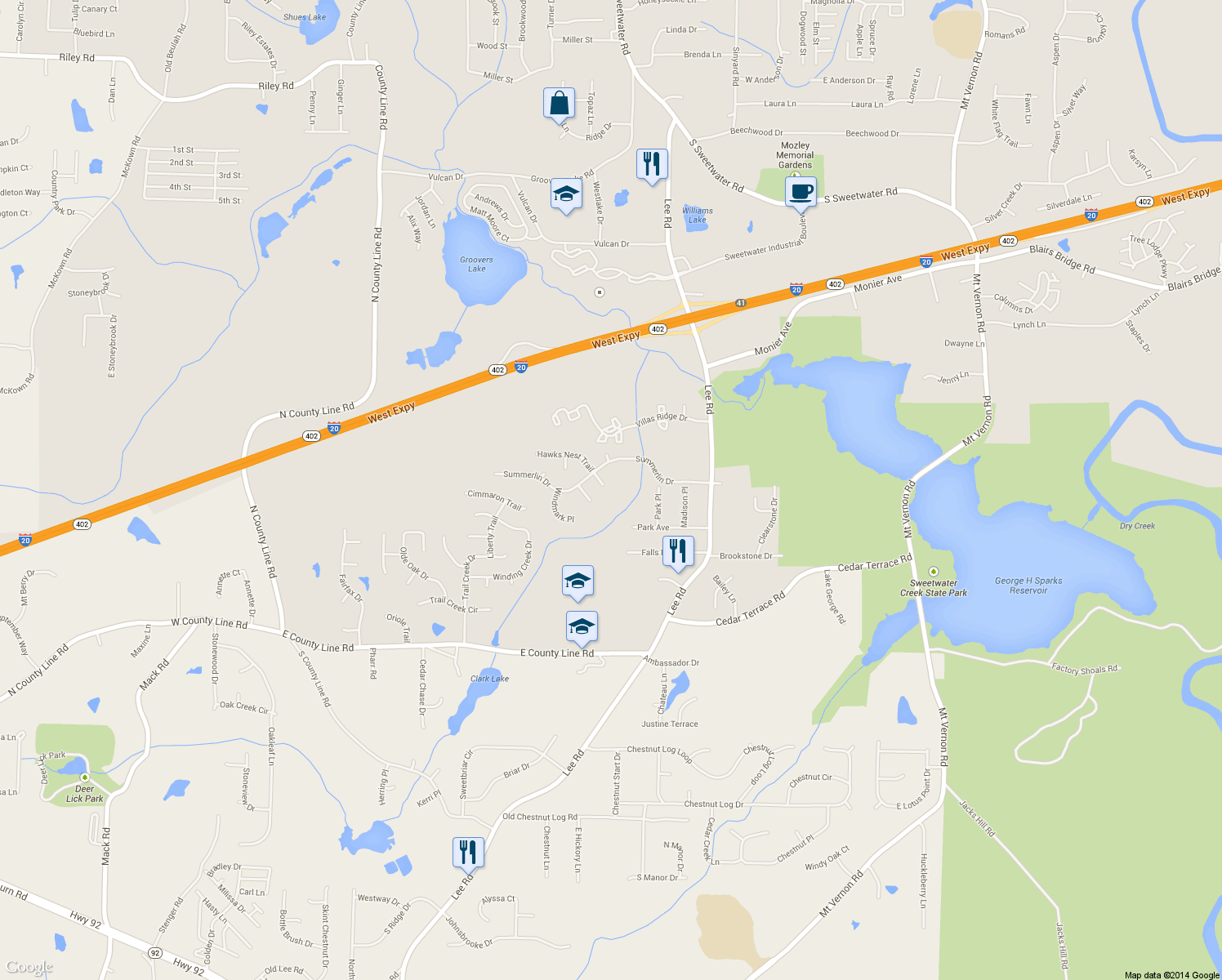 map of restaurants, bars, coffee shops, grocery stores, and more near 8001 Sandpoint Pl in Lithia Springs
