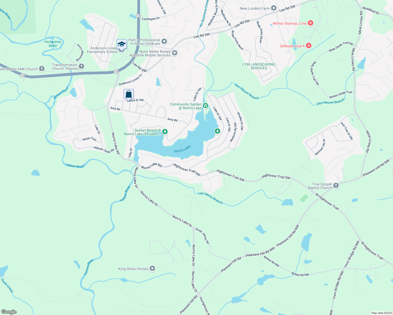 map of restaurants, bars, coffee shops, grocery stores, and more near 8562 Lake Drive Southwest in Snellville