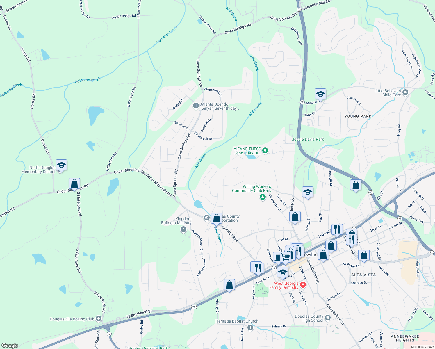 map of restaurants, bars, coffee shops, grocery stores, and more near 7104 Skippingstone Way in Douglasville