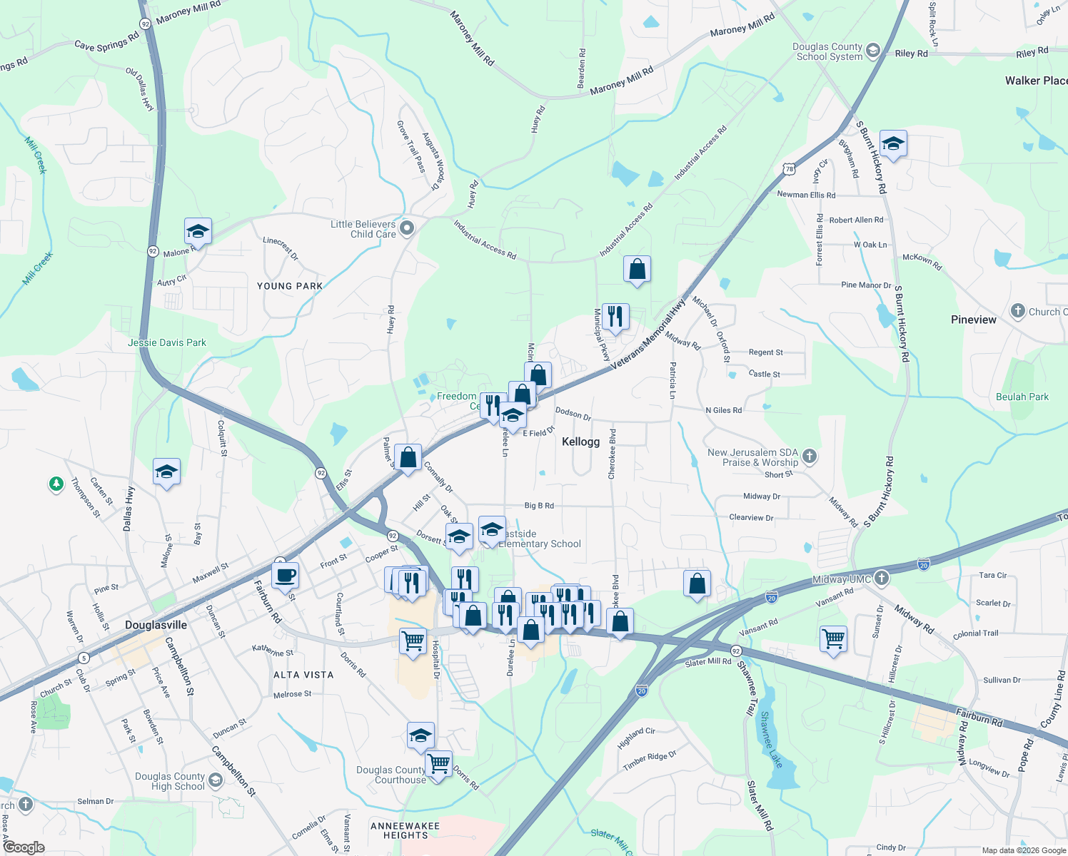 map of restaurants, bars, coffee shops, grocery stores, and more near 7991 East Field Drive in Douglasville