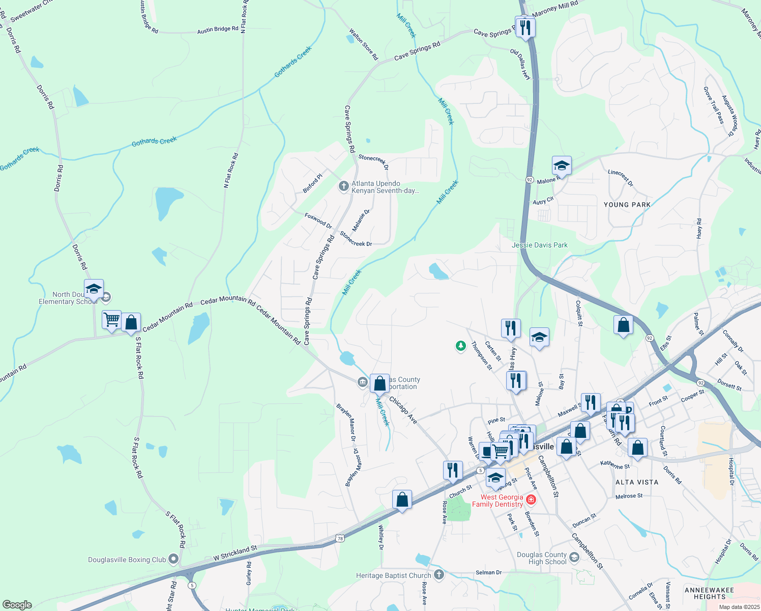 map of restaurants, bars, coffee shops, grocery stores, and more near 7104 Skippingstone Way in Douglasville